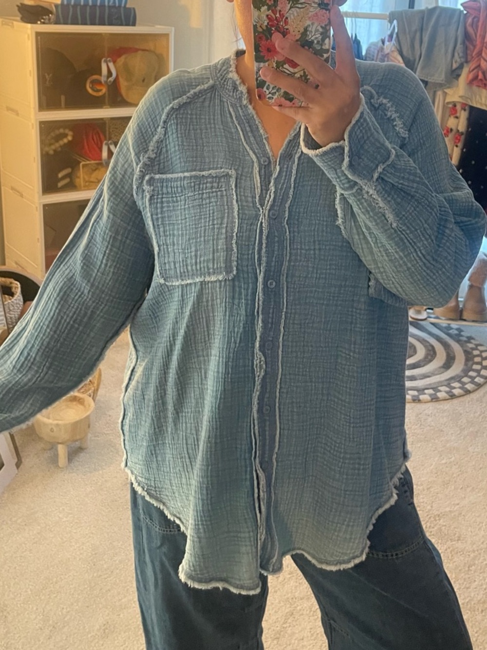 aerie Light Blue Washed Button-Down Gauze Shirt